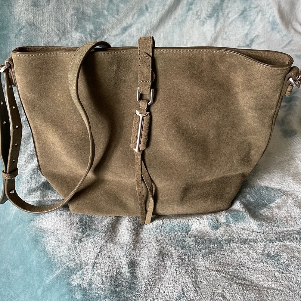 Olive green suede tote bag. EUC